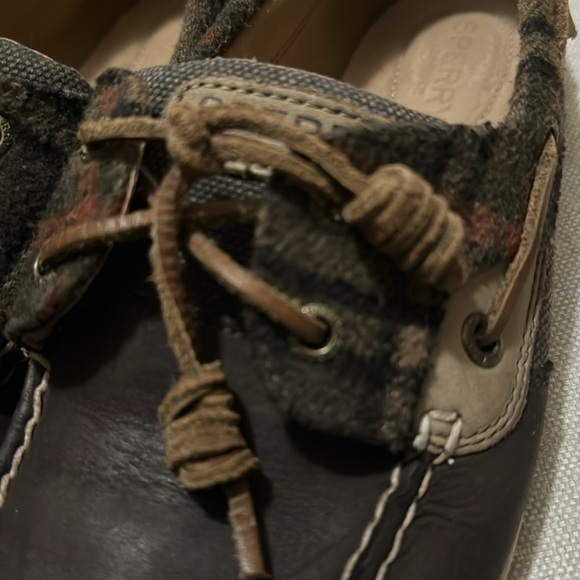 Sperry Top Sider Shoes-Wmns Sz 9-Dark Brown with Plaid Flannel Trim-Leather Ties - Picture 3 of 15